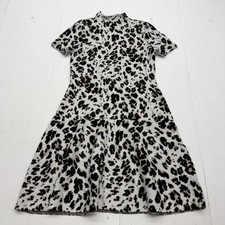Scoop Sweater Dress Womens S White Leopard Print Mock Neck Short Sleeve Knit