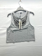 Topshop Women Grey Cropped Vest Top Size 10 Diamanté Rhinestone Embellished