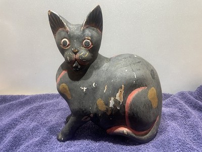 Vintage Volkskunst handbemalte Keramik Katze Ornament Figur *restaurierungsbedürftig*