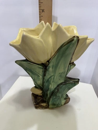 Vintage McCoy 2 Tulip Flower Vase, Yellow Flower, Green Leaves.