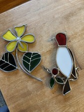 VTG LOT 2 Stained Glass Suncatcher Bird  Flower Window Hangings