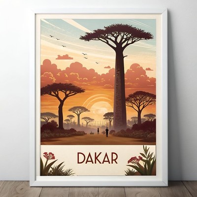 Vibrant Dakar Senegal Travel Poster - African Sunset and Baobab Art Print_moreDe