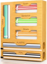 KOCWELL Bag Organizer Plastic Wrap Dispenser Cutter 6 In 1 Bamboo Kitchen Drawer