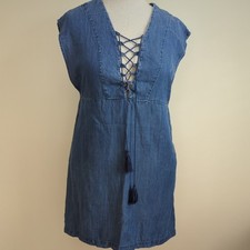 Womens Mini Dress Denim Lace up Sexy V Neck Sm Tencel Linen Shift Tassel Pockets