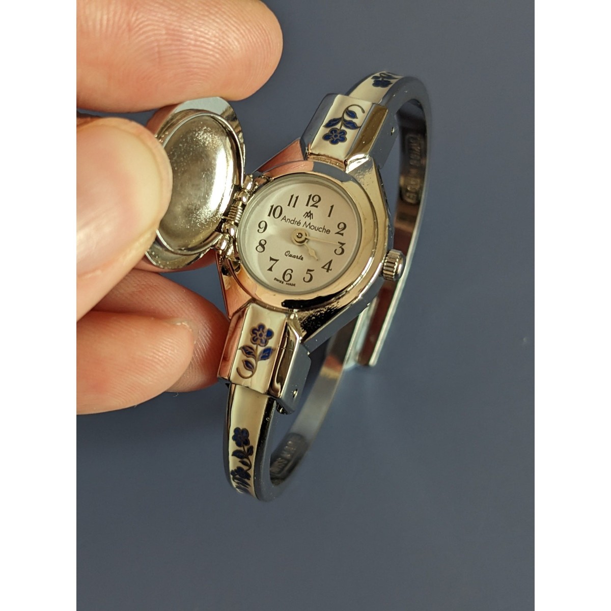 Vintage Andre Mouche Bangle Watch in Beige and Blue Enamel