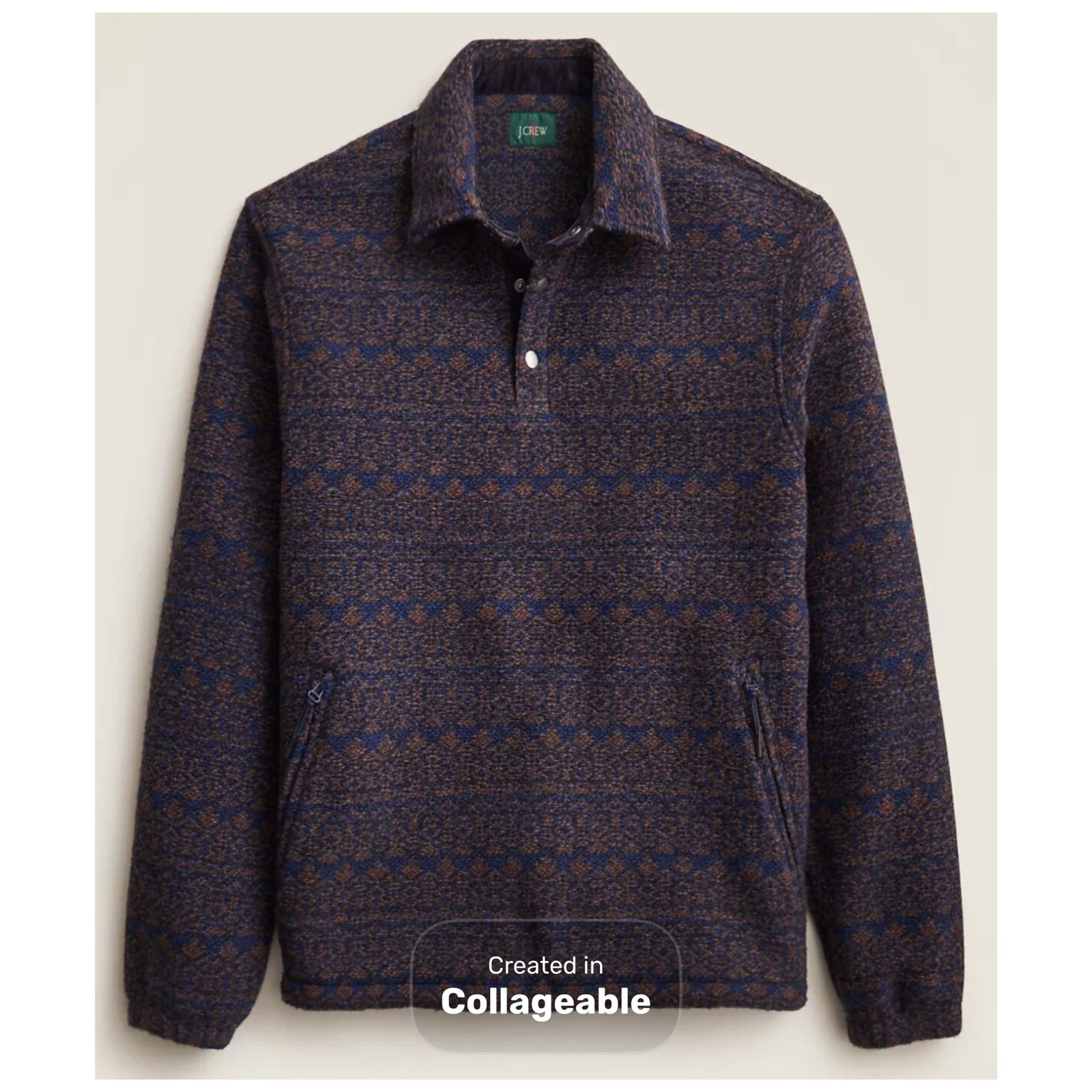 FILA Maglione J Crew misto lana 1 4 colletto a scatto giacca pile grande motivo marrone e blu