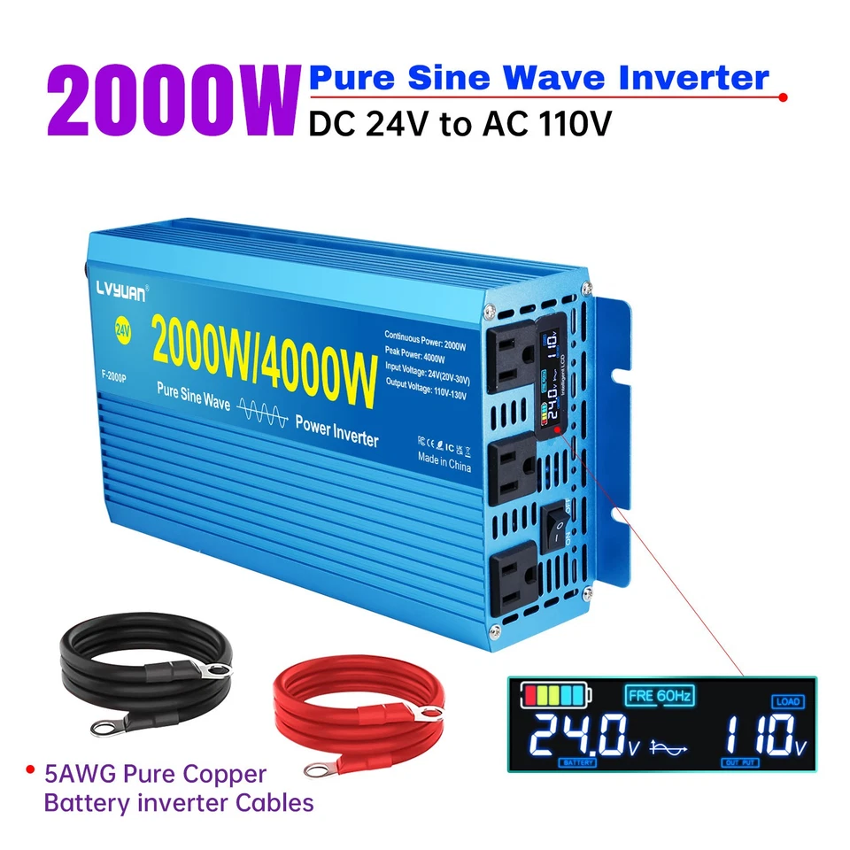 LVYUAN 2000W 4000W Pure Sine Wave Power Inverter 24V to 110V 120V Converter 3Socket LCD