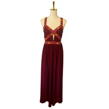 Free People Embroidered Bohemian Ribbon Lace Flower Maxi Dress Burgundy Small
