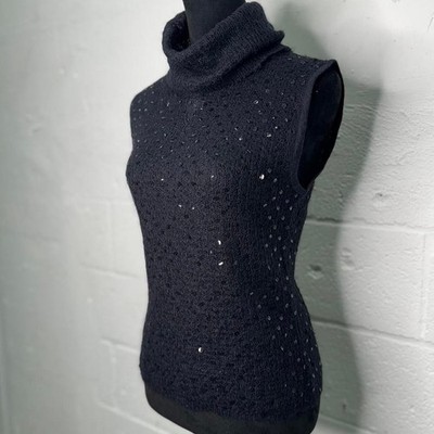 VTG 80s Caché Black Sheer Mohair Knit Sequin Sleeveless Turtle Neck Top SZ L