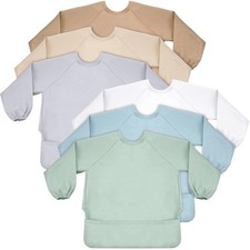 6 Pack Long Sleeve Baby Bibs Mess Proof Bib Washable Feeding Bib Waterproof S...