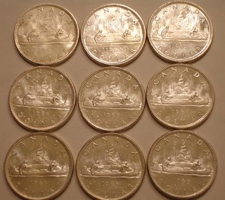 9 Pieces 1965 Large Beads Pointed 5 Silver Dollars Canada frosty BU 5.4 oz ASW