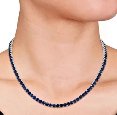 4mm Round Lab Created Sapphire Women's Tennis Necklace 14k White Gold Plated 18 