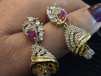 Ruby And Cz Beautiful Dangle Pierced Sparkling Unique Earrings