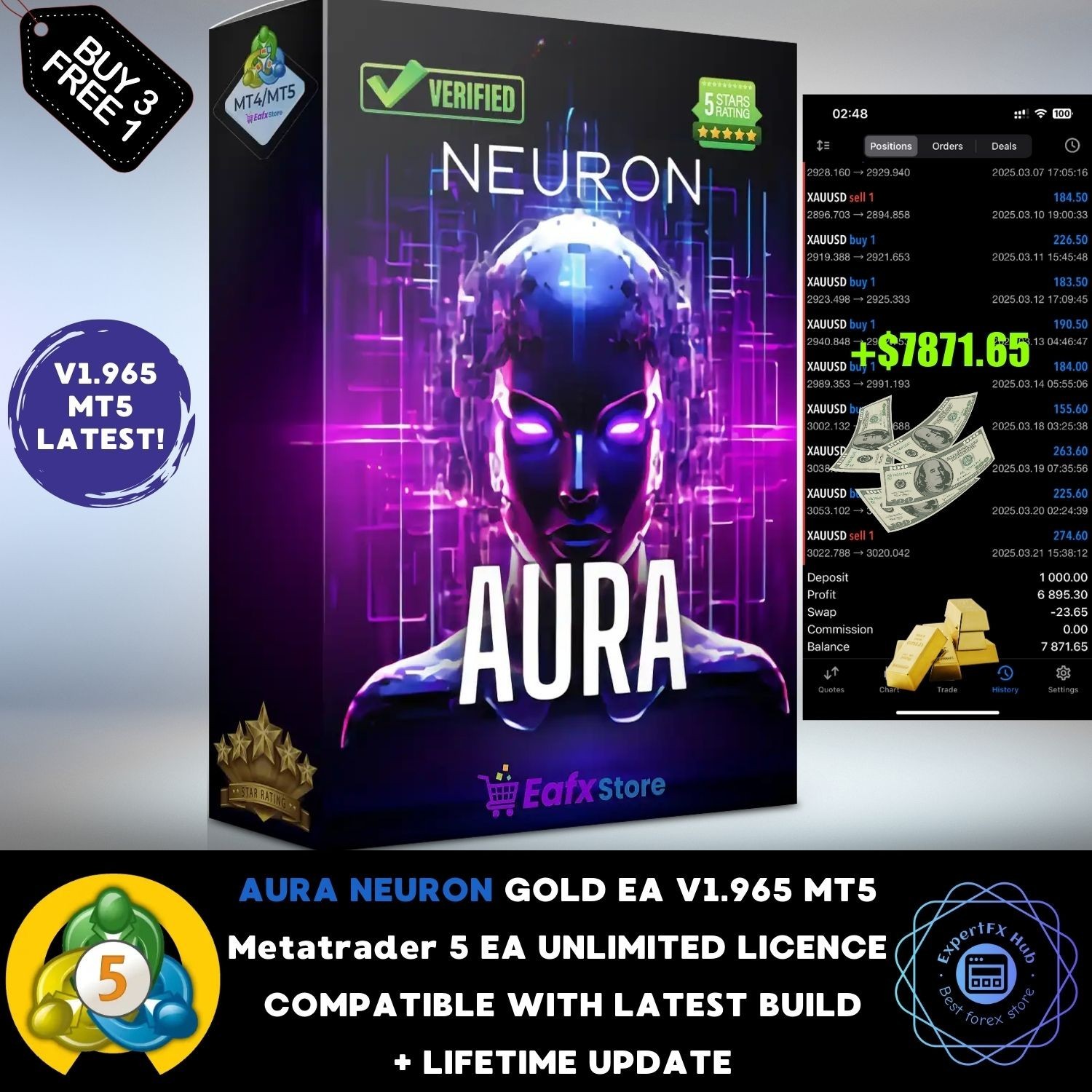 V1.965 Aura Neuron Gold Mt5 Metatrader Expert Advisor Prop Firm Algo Trading Bot
