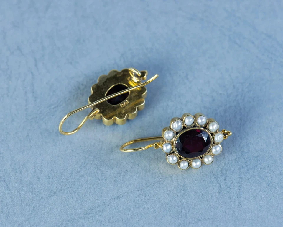 4 Ct Oval Cut Simulated Ruby & Pearl Drop Hoop Earrings 14K Yellow Gold Plated - Image 3 of 4