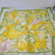 Avon Vintage Signed SM KENT Scarf 26” Square Spring Flowers Headscarf Yellow