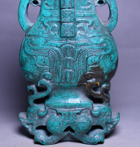 16CM Old China Green Turquoise Carved Fengshui Dragon Beast Twin Ear Bottle Vase - Picture 13 of 15