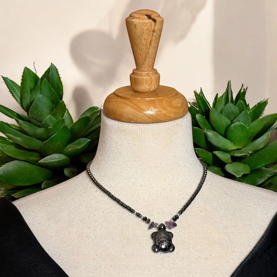 17” Hematite Bead Necklace w/ Carved Turtle Pendant & Amethyst Chips - Image 2 of 4