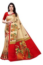 Women Beige Color Kalamkari Silk Art Silk Printed Saree Border Tassels