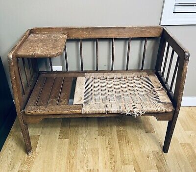 Mid Century Modern Telephone Bench with Danish Paper Cord Seat