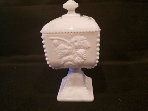 Pedestal Box With Lid - Milk Glass - Grape Vine Design - Shelf