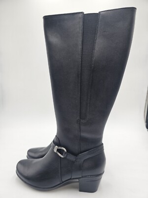 Clarks Emslie Sinai W Black Leather Riding Boots Block Heel