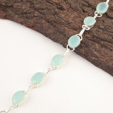 Natural Aqua Chalcedony Gemstone Chain Blue Bracelet 925 Sterling Silver Jewelry