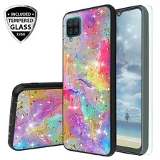 For Galaxy A12/A32/A51/A52 Phone Case Rainbow Glitter TPU Cover +Tempered Glass
