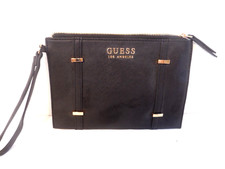 GUESS Monogram Gold Logo Clutch Wristlet Zip Black Faux Leather Purse 9" X 6"