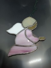 Vintage Hand Crafted Silver Tone Colored Stained Glass Pink Praying Angel 5.5"