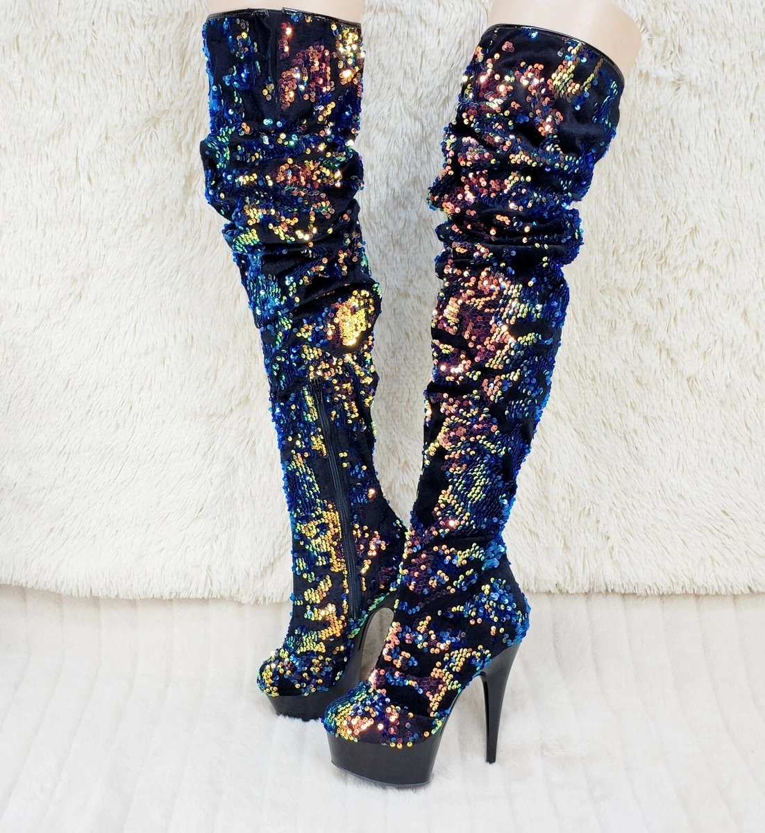 Delight 3004 Blue Mermaid Sequin Slouchy Thigh High Boots 6