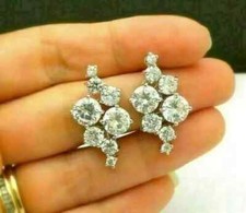 2 Ct Round Cut Real Moissanite Cluster Stud Earrings 14K White Gold Plated