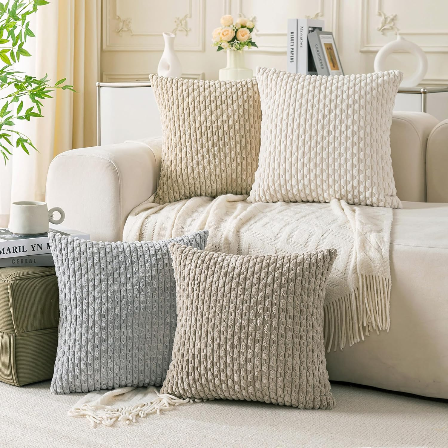 4 Neutral Corduroy Pillow Covers 18x18 Inch Decorative Set