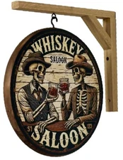 Whiskey Saloon Skeletons, 2 Sided Pub Sign -Boneyard Bunch Series 12" diam.