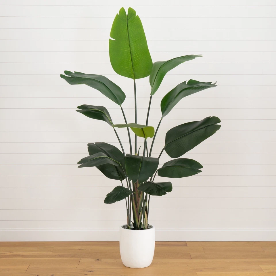 Árbol artificial pájaro del paraíso de 7' con maceta de piedra de resina. Venta al por menor $594 Foto 2 de 4