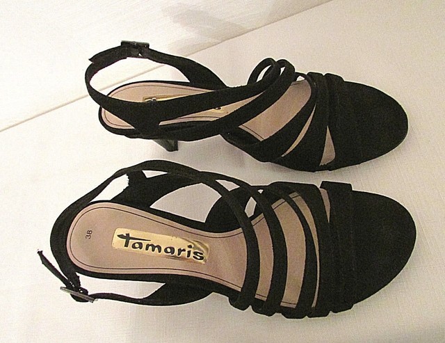 Tamaris Germany 1-28310-24-001 Black Suede Strappy Sandals Heel Shoes 38 EU 7 US | eBay