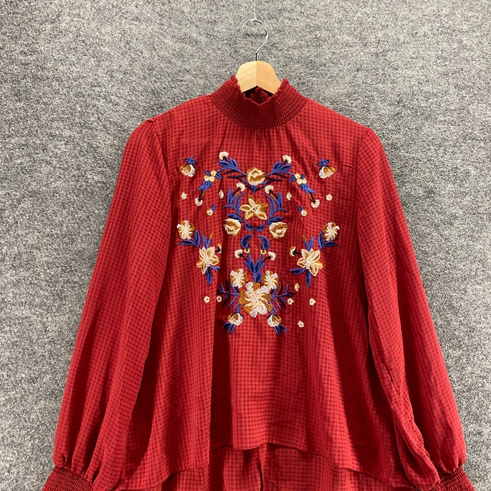 Soulmates блузка женщин M средний красный цветочный вышитый высокий воротник длинным рукавом - Изображение 3 из 4