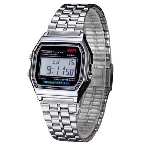 Retro Digitaluhr Armbanduhr Digital Herren Damen Uhr NEU Silber Alarm #1 - Afbeelding 1 van 2