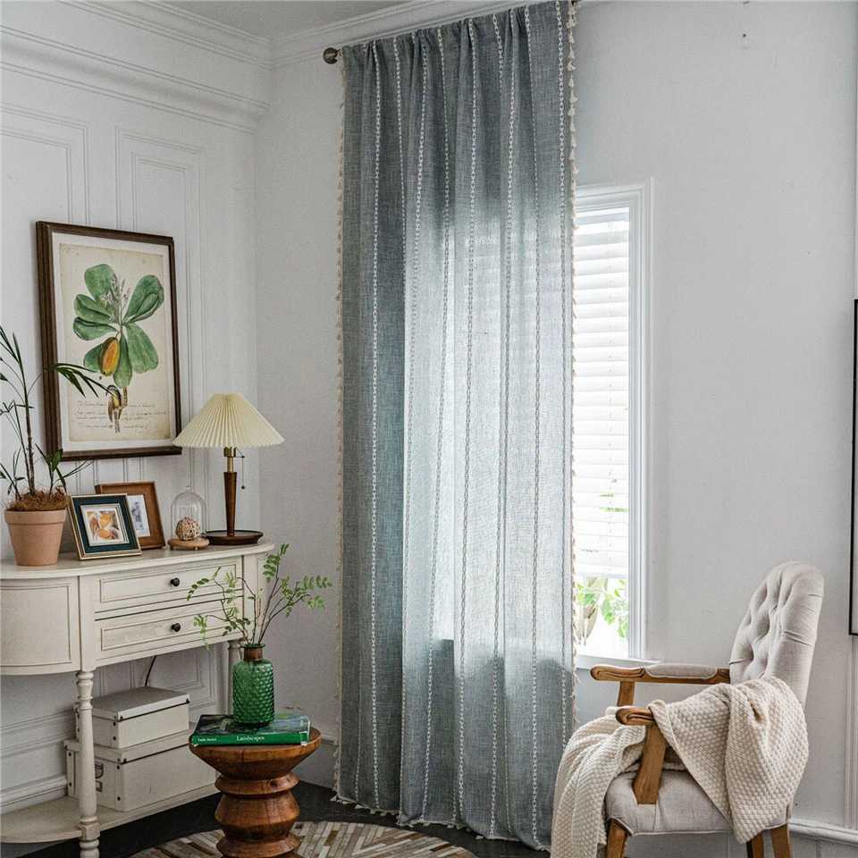 Stripe Embroidery Curtain For Living Room Tassel Drape Treatment - Image 3 of 4