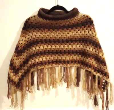crochet womans handmade boho poncho scarf tassel M L XL brown latte USA