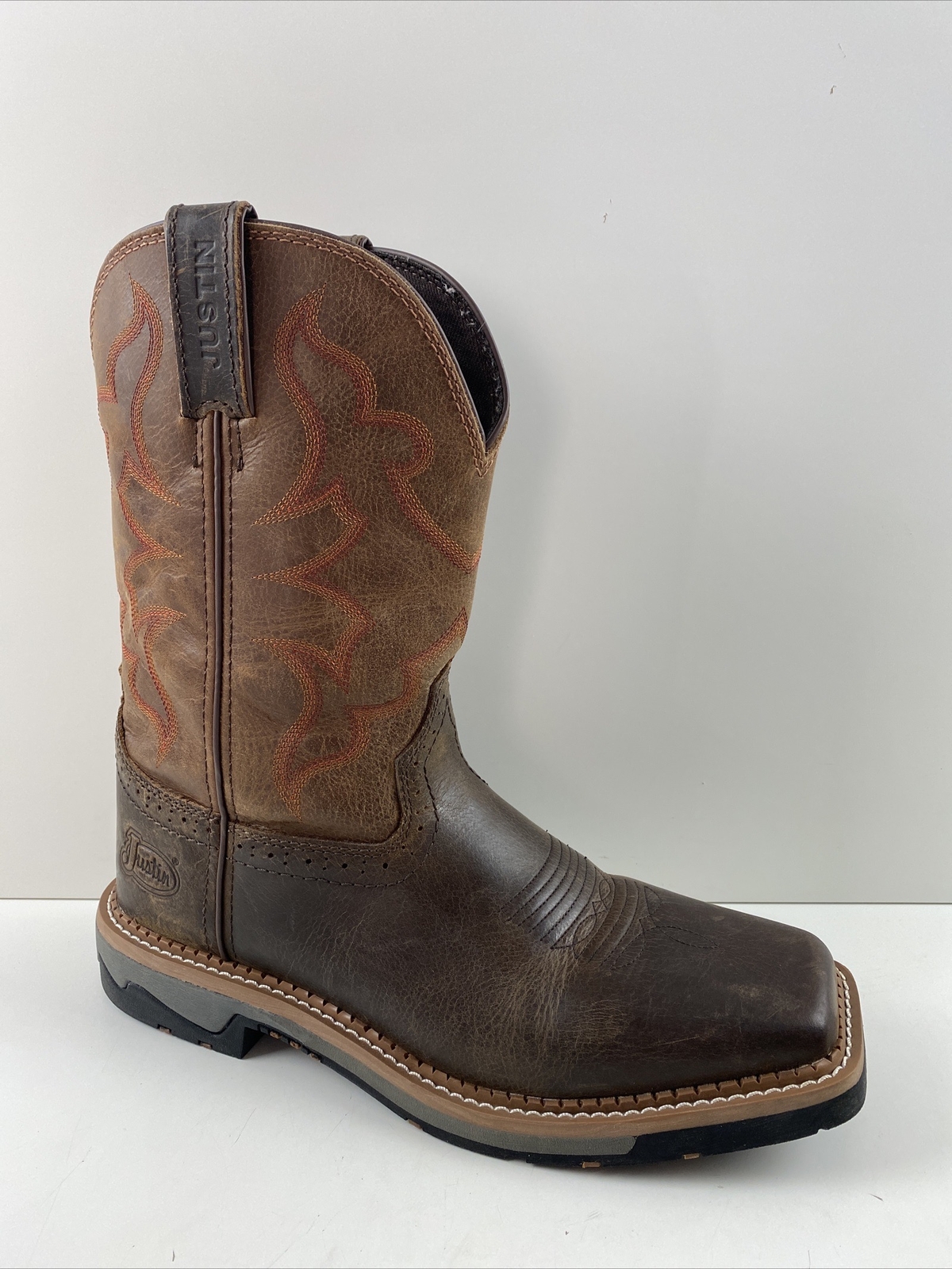 JUSTIN Carbide Brown Leather Square Toe Pull On Western Work Boots Men