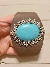 Gorgeous Leather Snap Bracelet w/ Large Beautiful Turquoise Metal Stone 3571