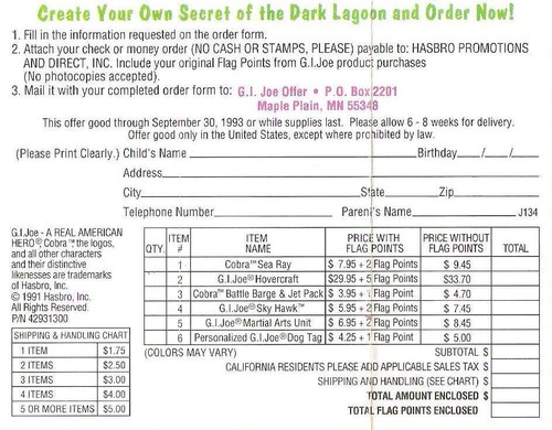 1991 GI Joe SECRET OF DARK LAGOON inserto Whale Cobra Sea Ray posta via JTC P932 - Foto 3 di 3