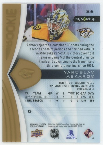 2023-24 Upper Deck Synergy Rookie Gold Bounty Award Yaroslav Askarov 4/25 - Photo 2 sur 3