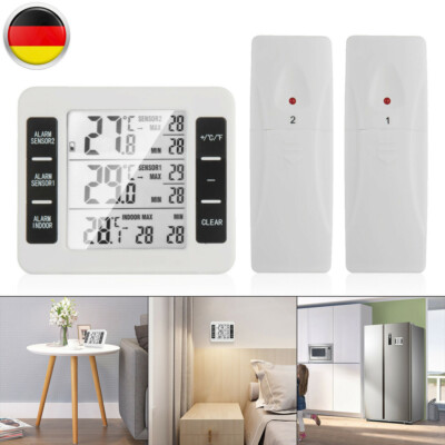 Funk Digital Kühlschrank Thermometer Innen Außen Temperatur Alarm + 2 Sensor