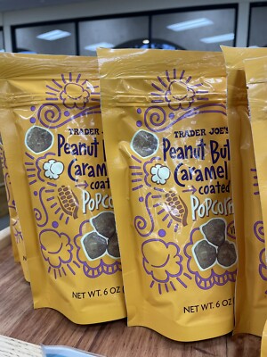 2 Packs Trader Joe's Peanut Butter Caramel Coated Popcorn 6 oz Each Pack