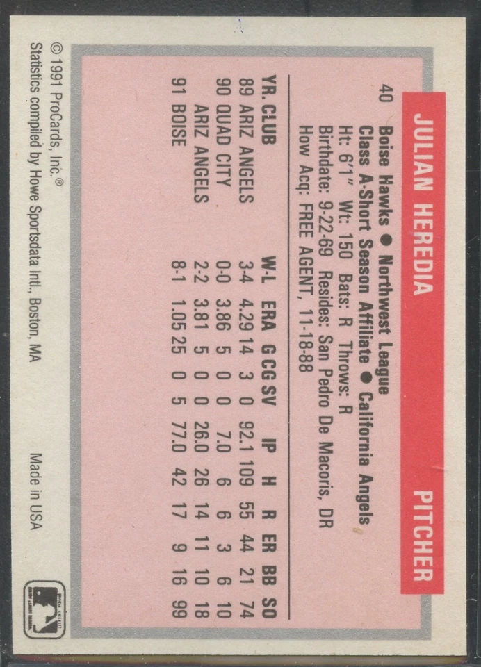 1991 ProCards Minor League #40 Julian Heredia Boise Hawks - Image 2 of 2