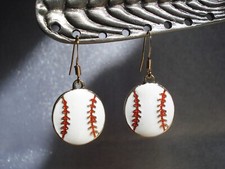 1 3/8" Drop Dangle White  Red Baseball Team Spirit Gold Plated Earrings