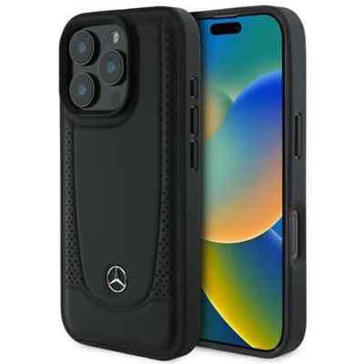 Original Mercedes Leder Perforiert Prallschutz Hülle iPhone 16 Pro Schwarz
