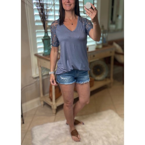 Sexy Lace Short Sleeve V Neck Floaty Rounded Bottom Dressy Girly Classic Blue - Picture 3 of 7